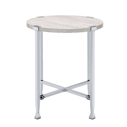 Benjara End Table with X Shaped Metal Base And Round Wooden Top,Silver And Beige