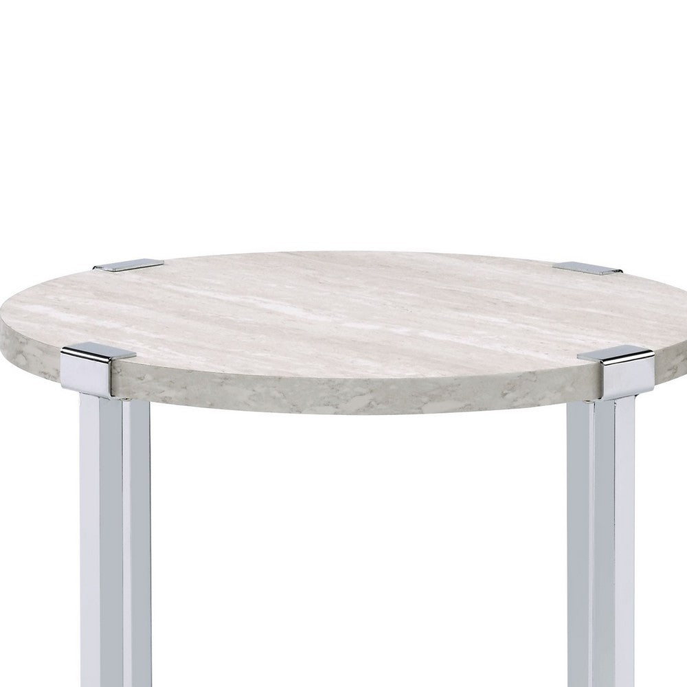 Benjara End Table with X Shaped Metal Base And Round Wooden Top,Silver And Beige