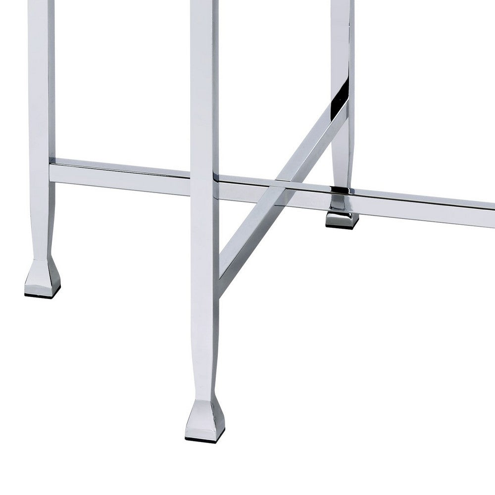 Benjara End Table with X Shaped Metal Base And Round Wooden Top,Silver And Beige