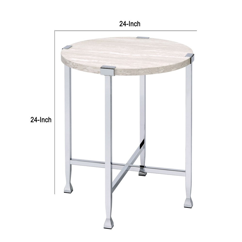 Benjara End Table with X Shaped Metal Base And Round Wooden Top,Silver And Beige