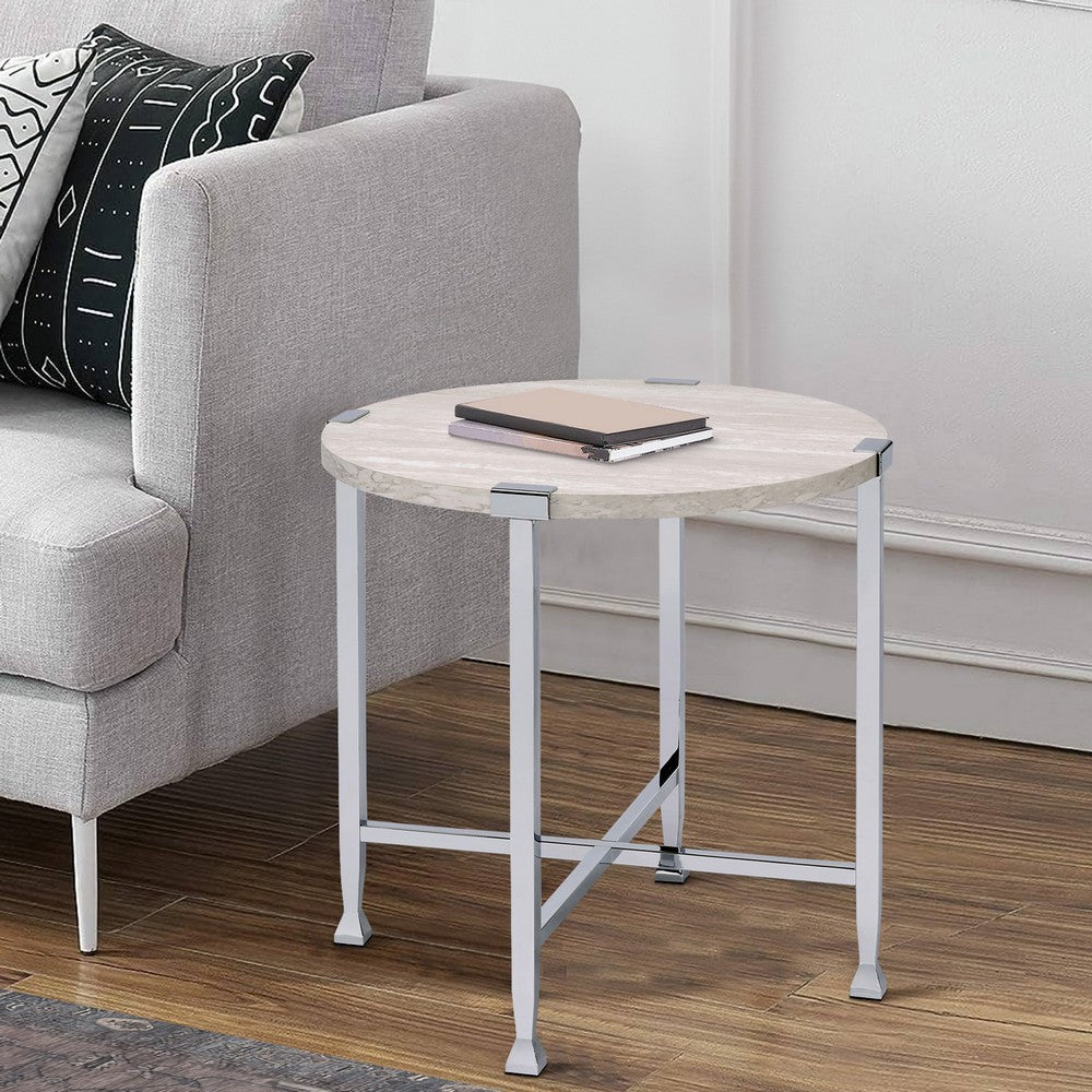 Benjara End Table with X Shaped Metal Base And Round Wooden Top,Silver And Beige