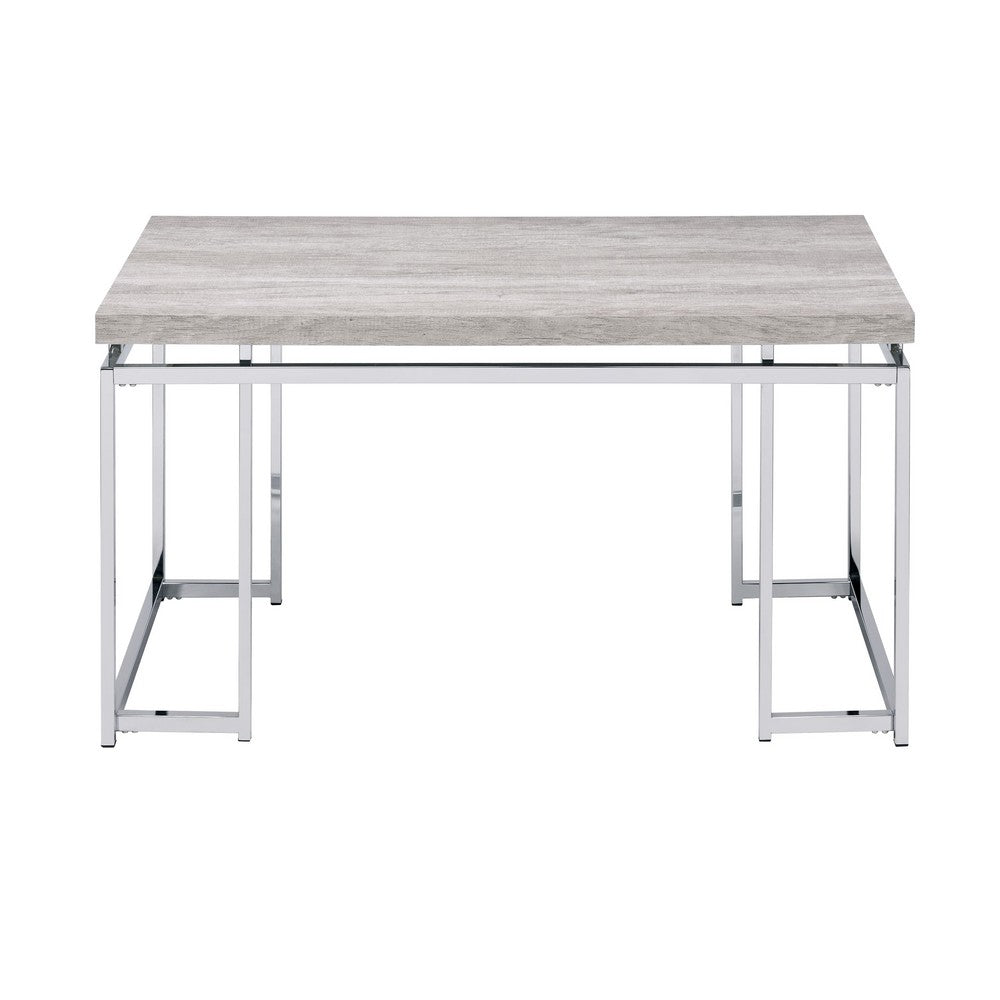 Benjara Coffee Table with Rectangular Tabletop And Metal Legs, Silver And Brown