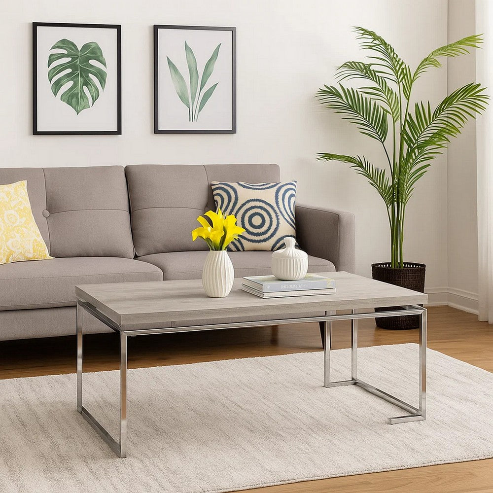 Benjara Coffee Table with Rectangular Tabletop And Metal Legs, Silver And Brown