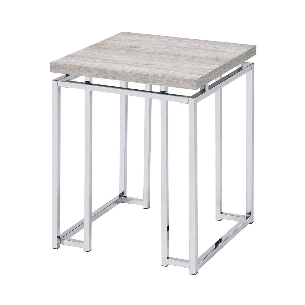Benjara End Table with Rectangular Tabletop And Metal Legs, Silver And Brown