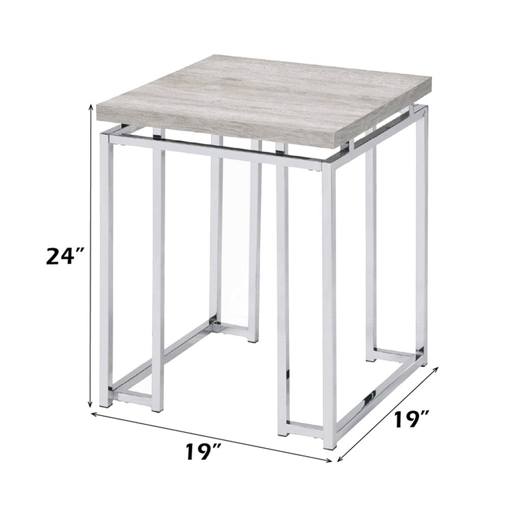 Benjara End Table with Rectangular Tabletop And Metal Legs, Silver And Brown