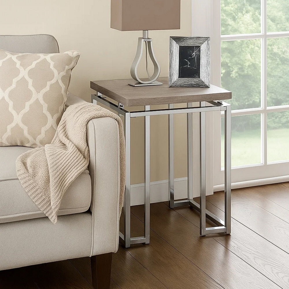 Benjara End Table with Rectangular Tabletop And Metal Legs, Silver And Brown