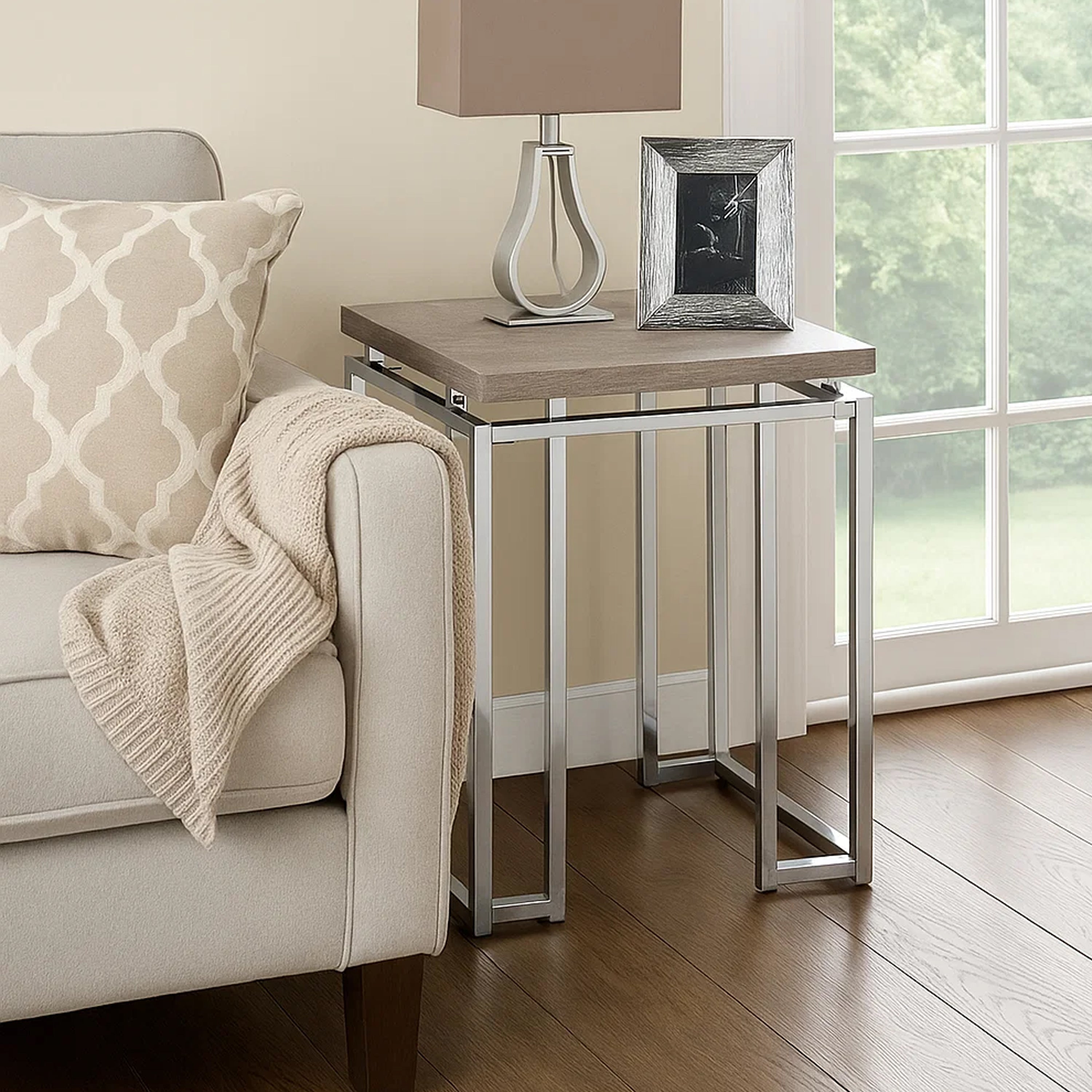 Benjara End Table with Rectangular Tabletop And Metal Legs, Silver And Brown