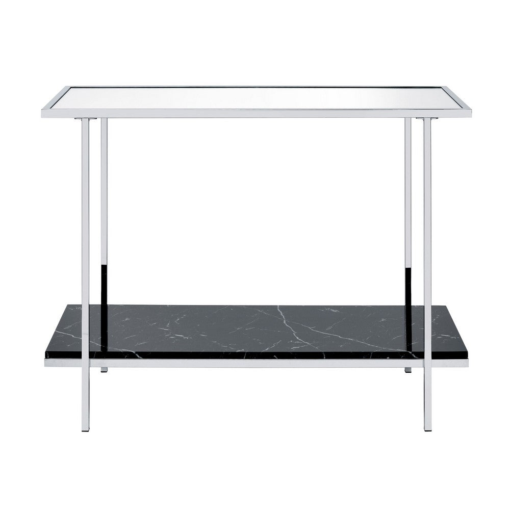 Benjara Console Table with Mirror Top And Faux Marble Open Bottom Shelf, Silver