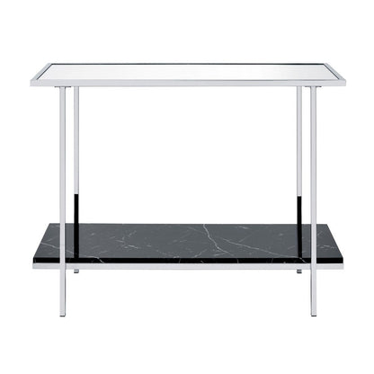 Benjara Console Table with Mirror Top And Faux Marble Open Bottom Shelf, Silver