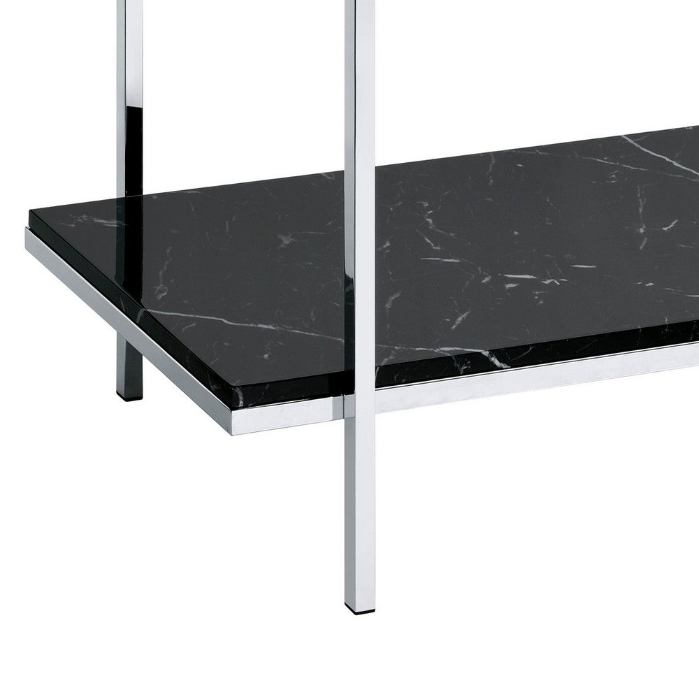 Benjara Console Table with Mirror Top And Faux Marble Open Bottom Shelf, Silver