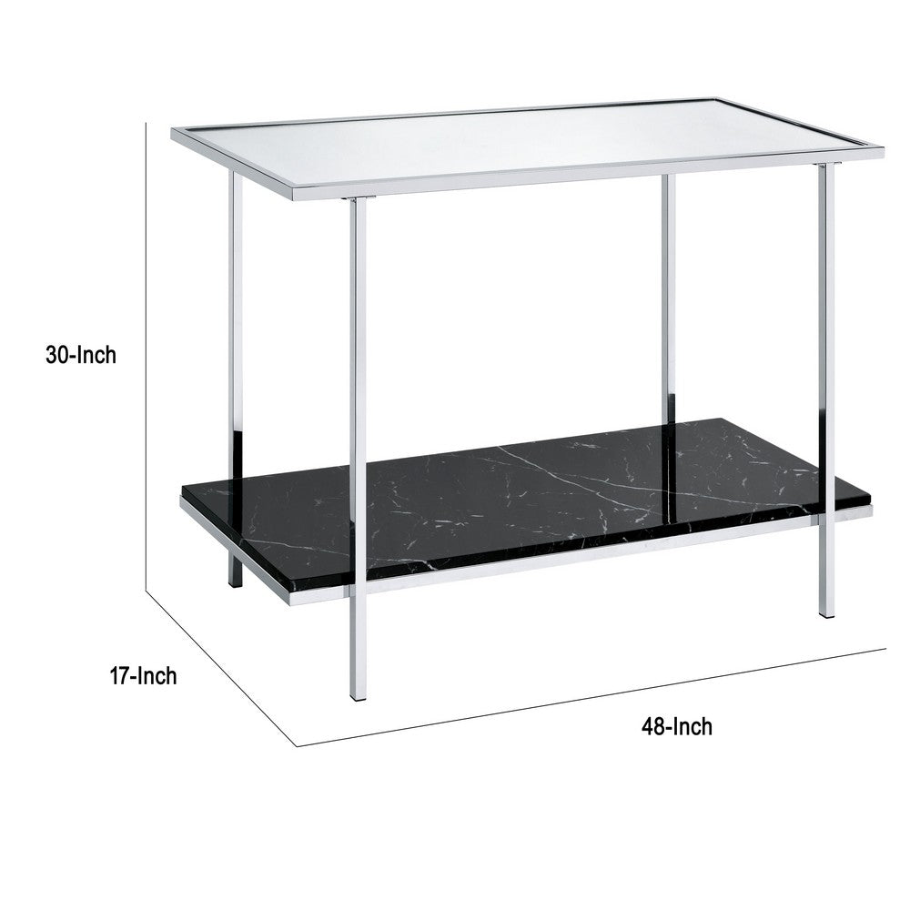 Benjara Console Table with Mirror Top And Faux Marble Open Bottom Shelf, Silver