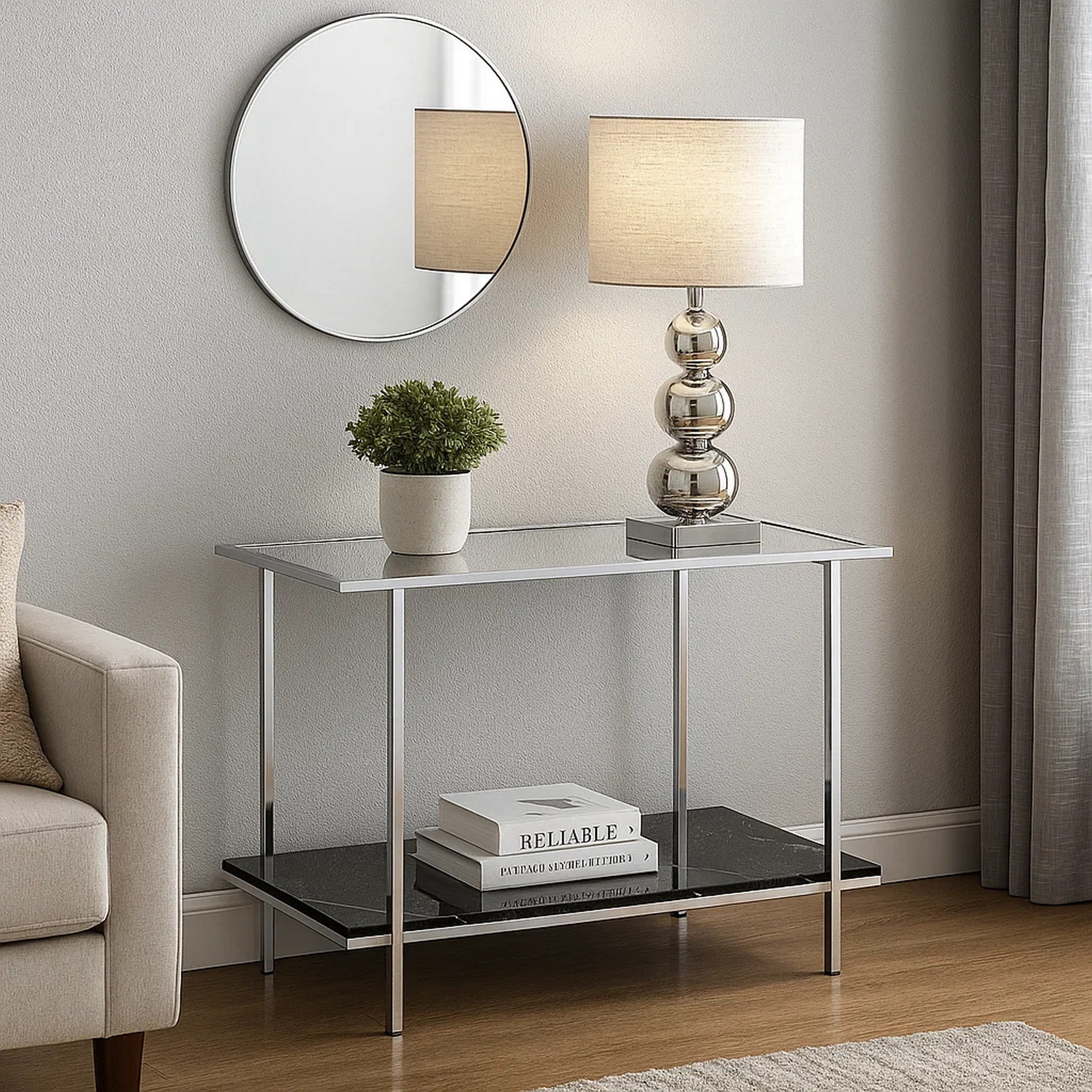 Benjara Console Table with Mirror Top And Faux Marble Open Bottom Shelf, Silver
