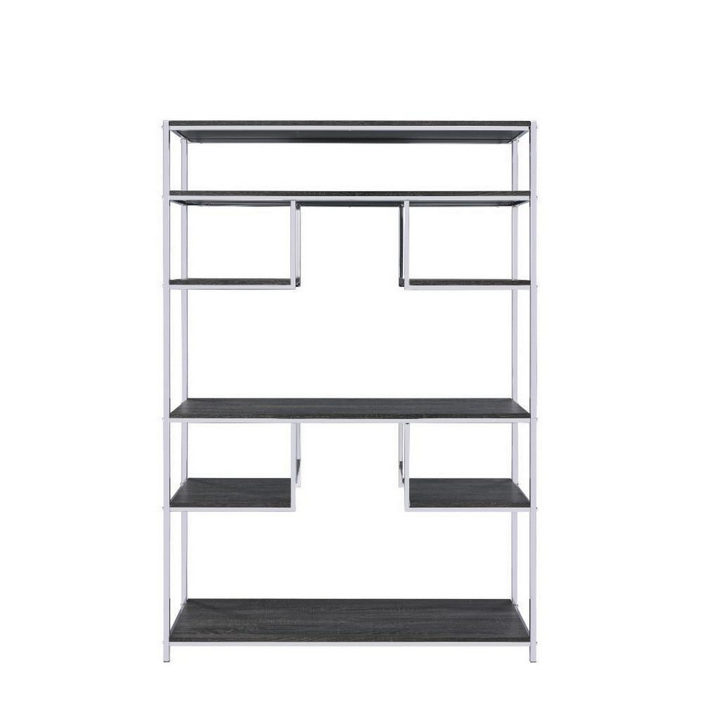 Benjara Etagere Bookshelf with 7 Shelves And Geometric Pattern,Silver And Dark Gray