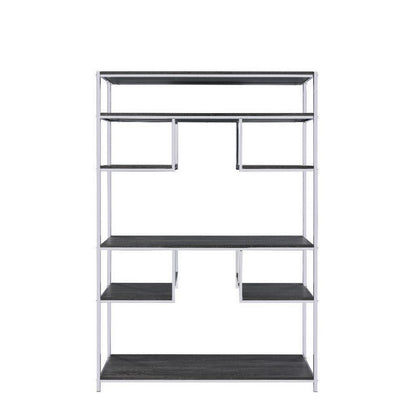 Benjara Etagere Bookshelf with 7 Shelves And Geometric Pattern,Silver And Dark Gray