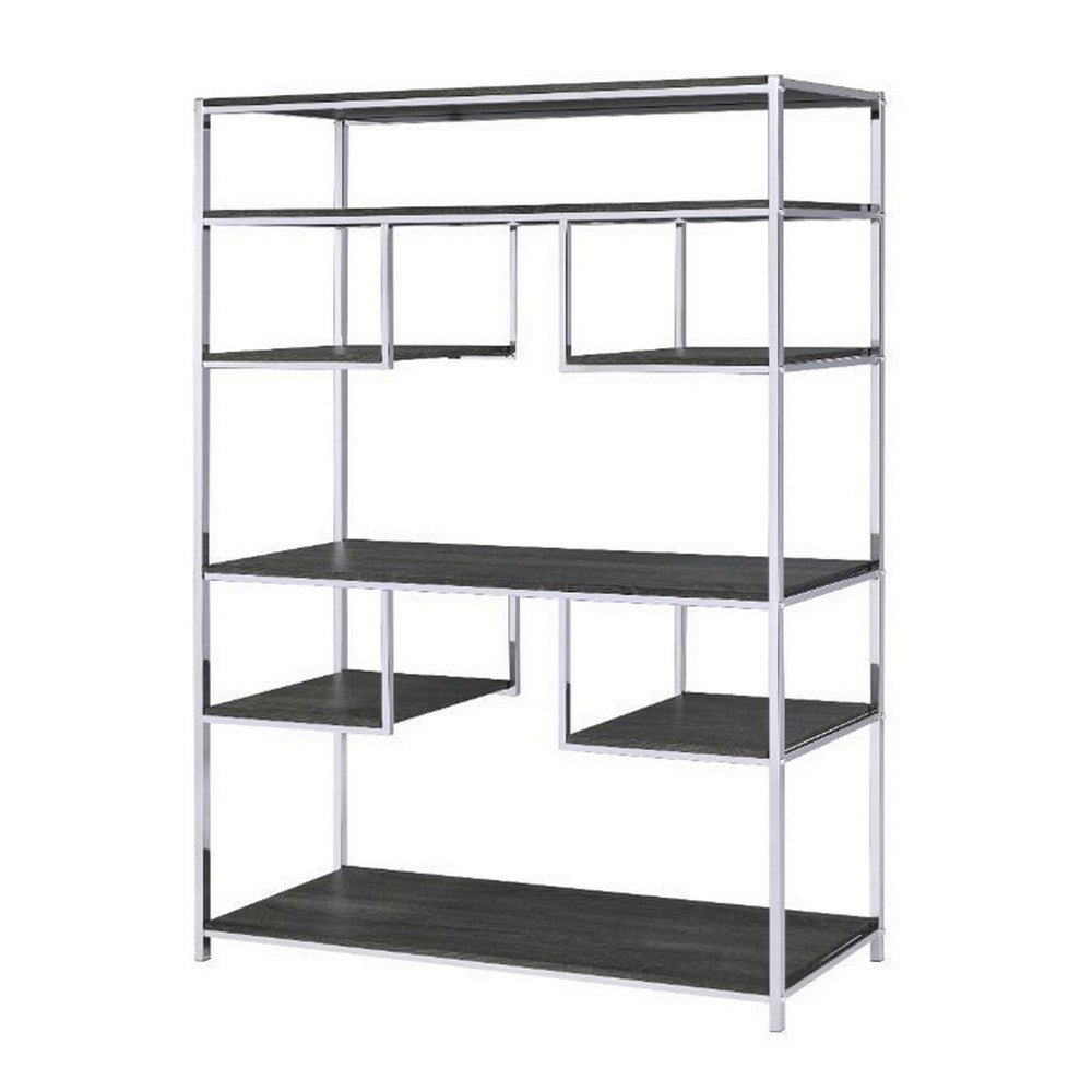 Benjara Etagere Bookshelf with 7 Shelves And Geometric Pattern,Silver And Dark Gray