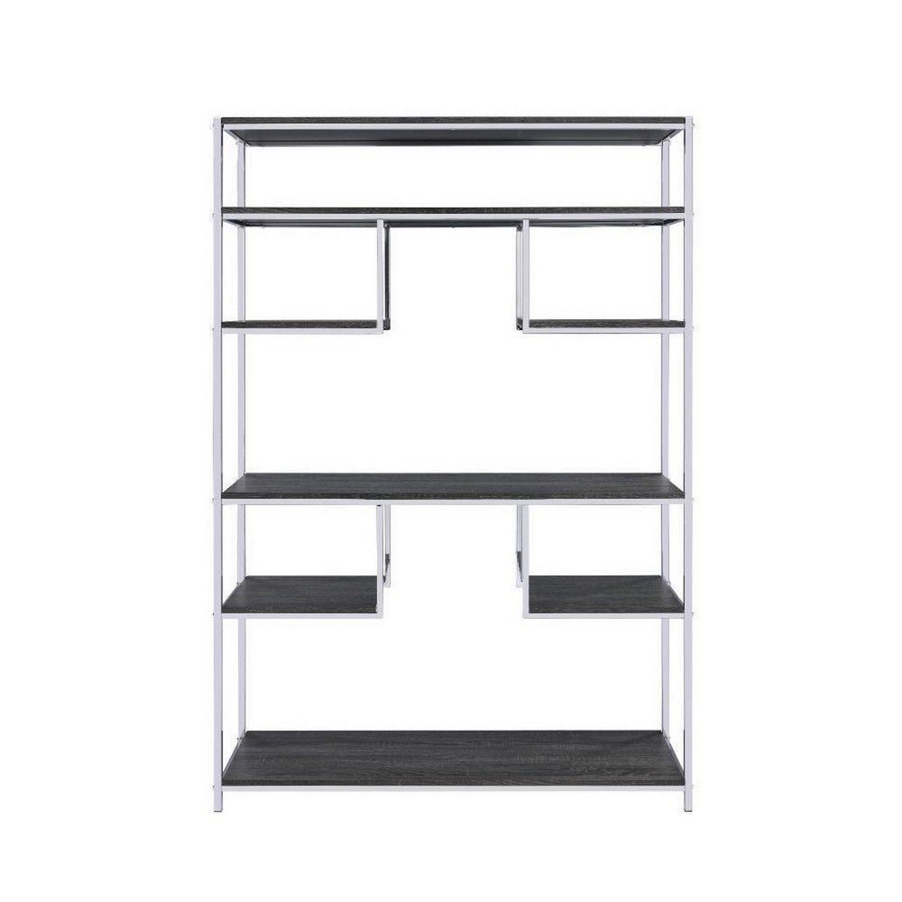 Benjara Etagere Bookshelf with 7 Shelves And Geometric Pattern,Silver And Dark Gray