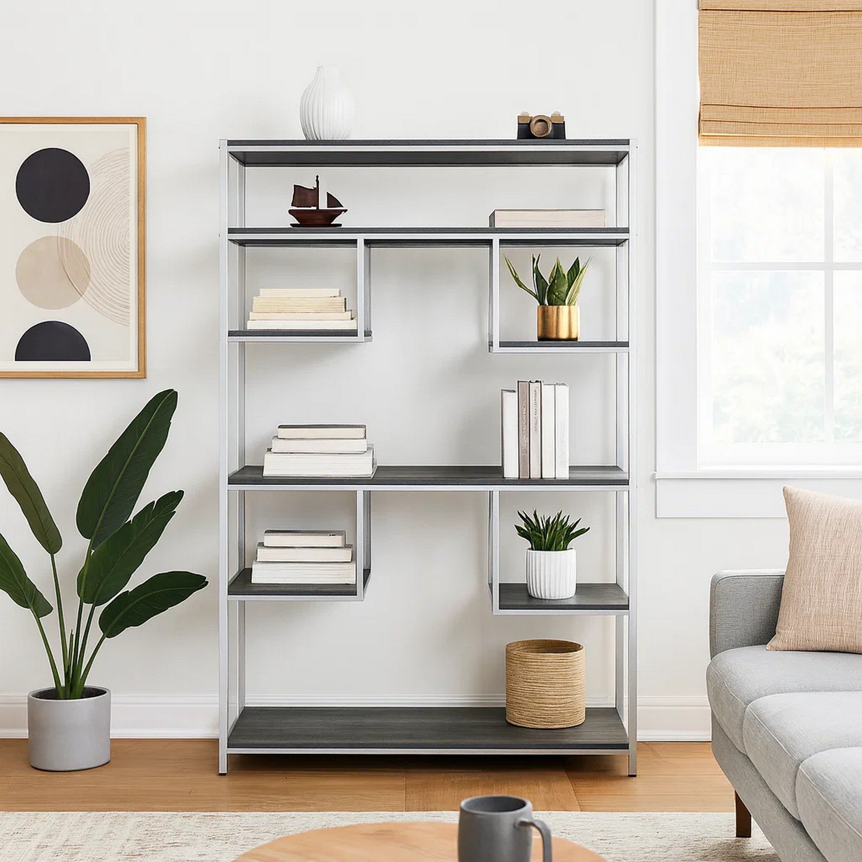 Benjara Etagere Bookshelf with 7 Shelves And Geometric Pattern,Silver And Dark Gray