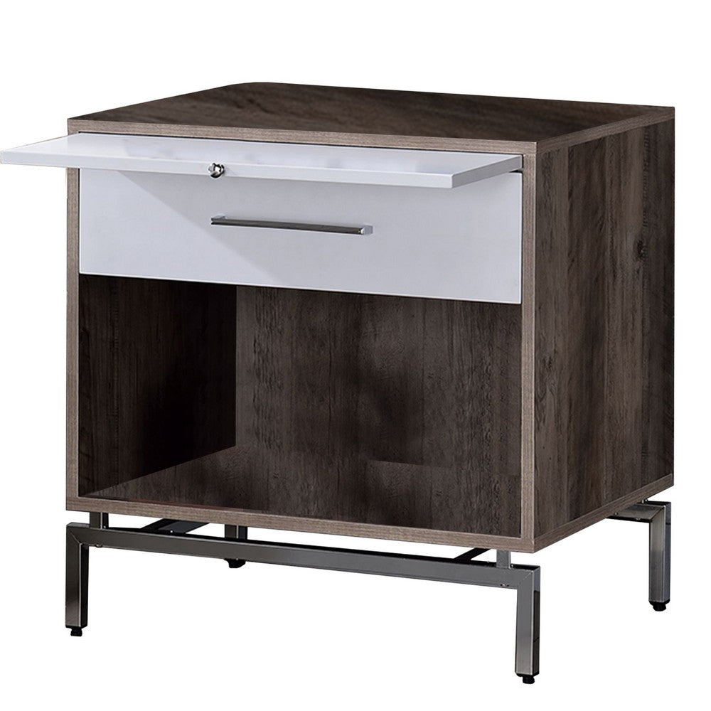 Benjara Wooden Accent Table with Open Storage And Pull Out Tray, Brown And White