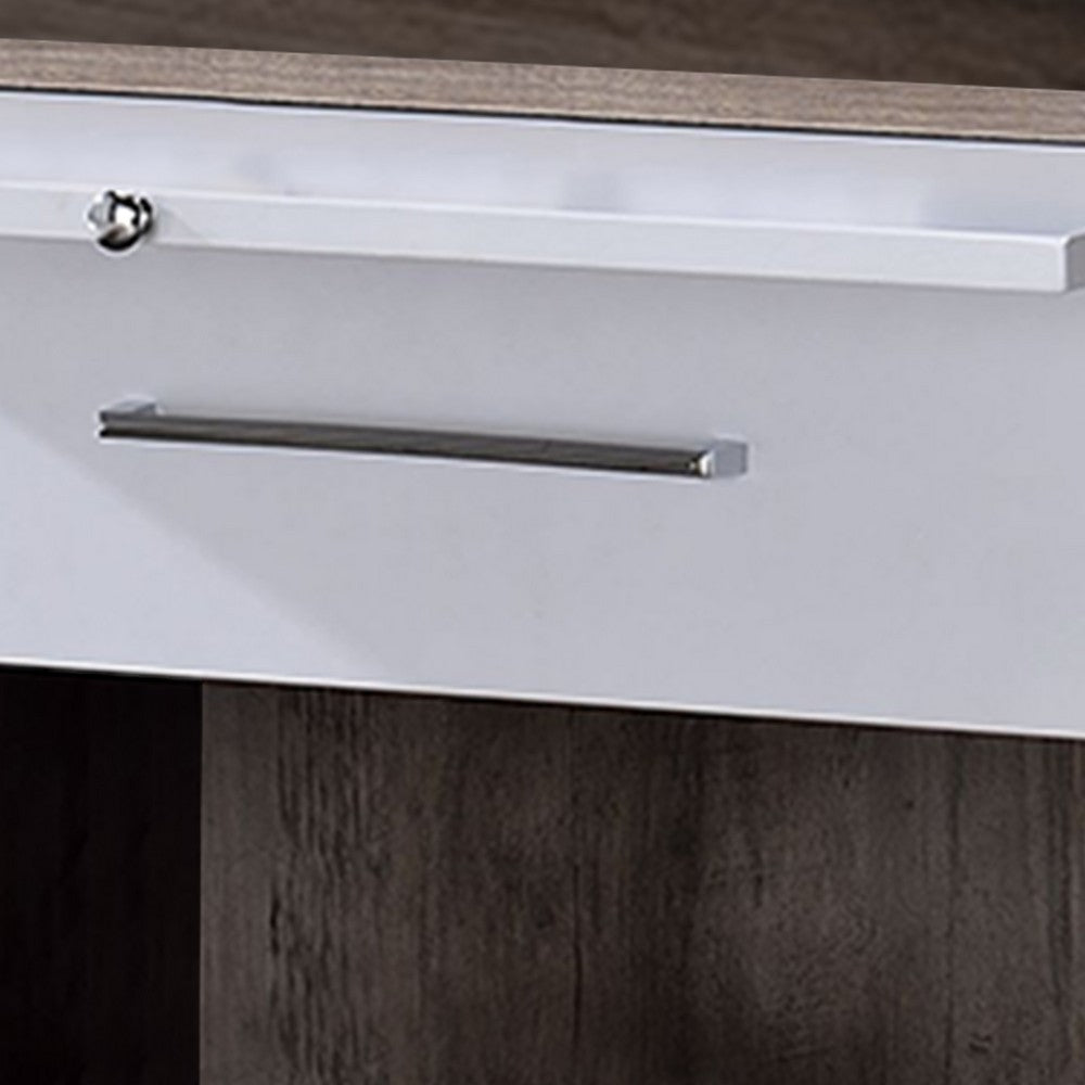 Benjara Wooden Accent Table with Open Storage And Pull Out Tray, Brown And White