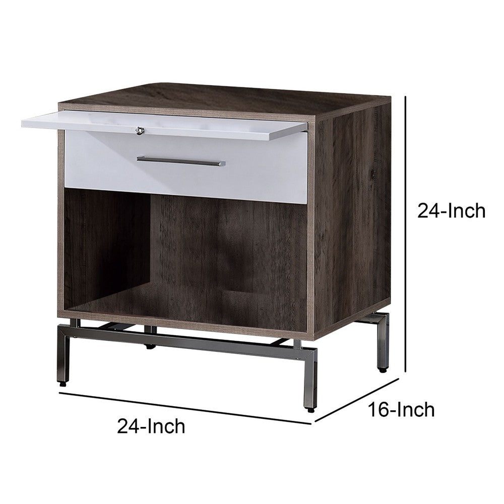 Benjara Wooden Accent Table with Open Storage And Pull Out Tray, Brown And White