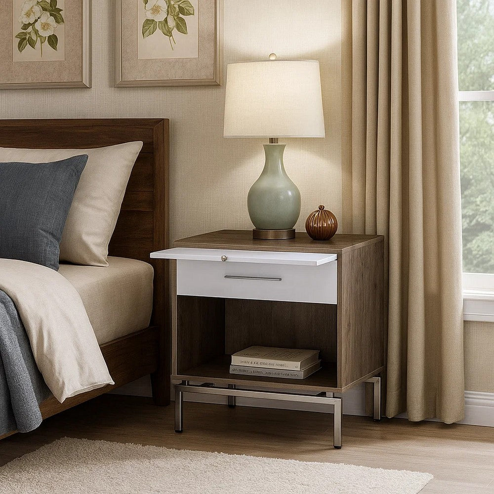 Benjara Wooden Accent Table with Open Storage And Pull Out Tray, Brown And White
