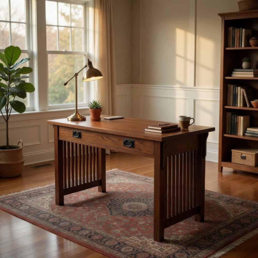Benjara Wooden Frame Writing Desk with 1 Drawer And Slatted Sides, Brown
