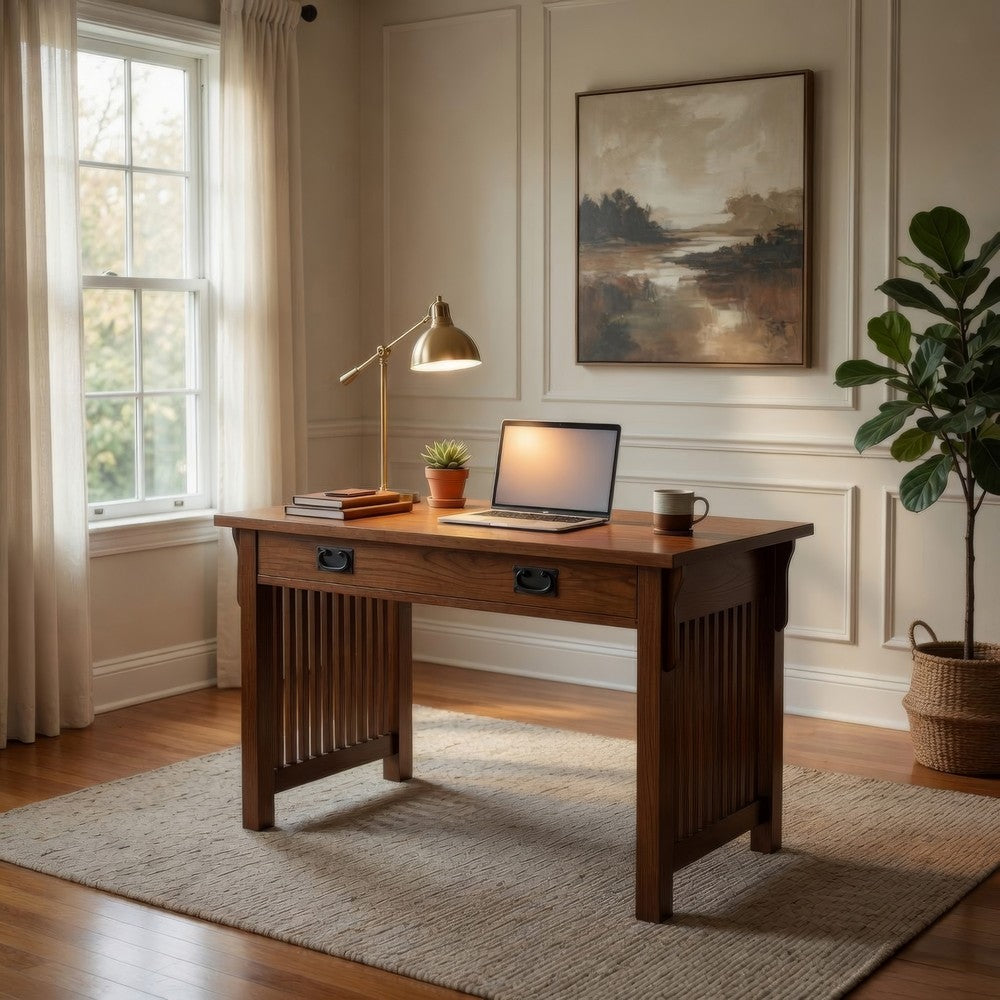 Benjara Wooden Frame Writing Desk with 1 Drawer And Slatted Sides, Brown