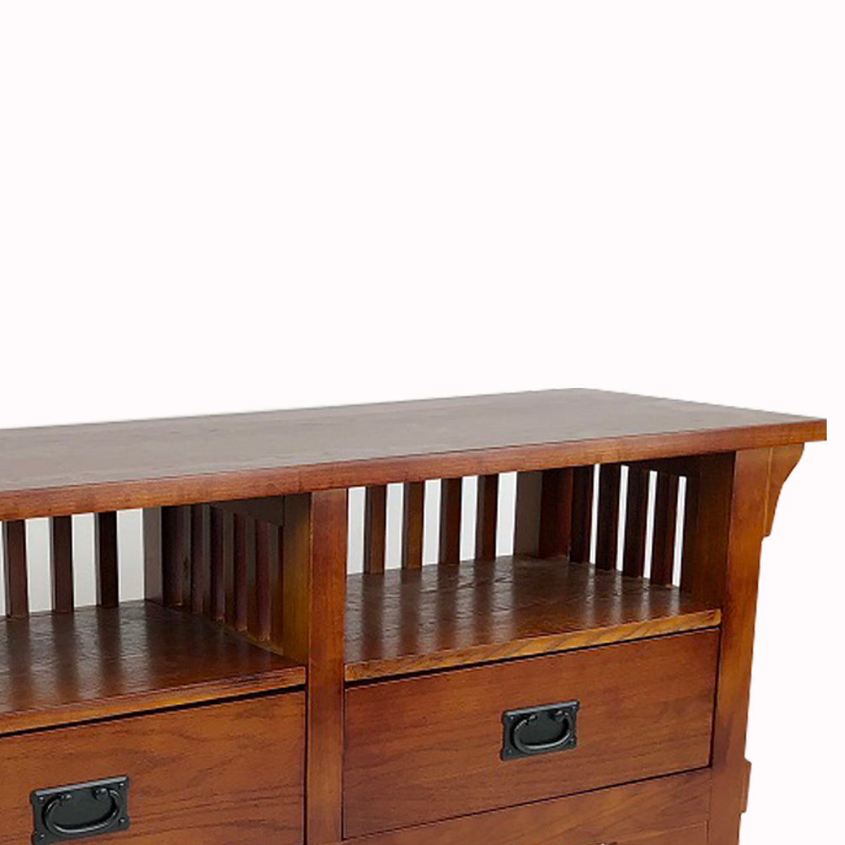 Benjara Wooden TV Stand with 2 Open Shelves And Slatted Back, Oak Brown