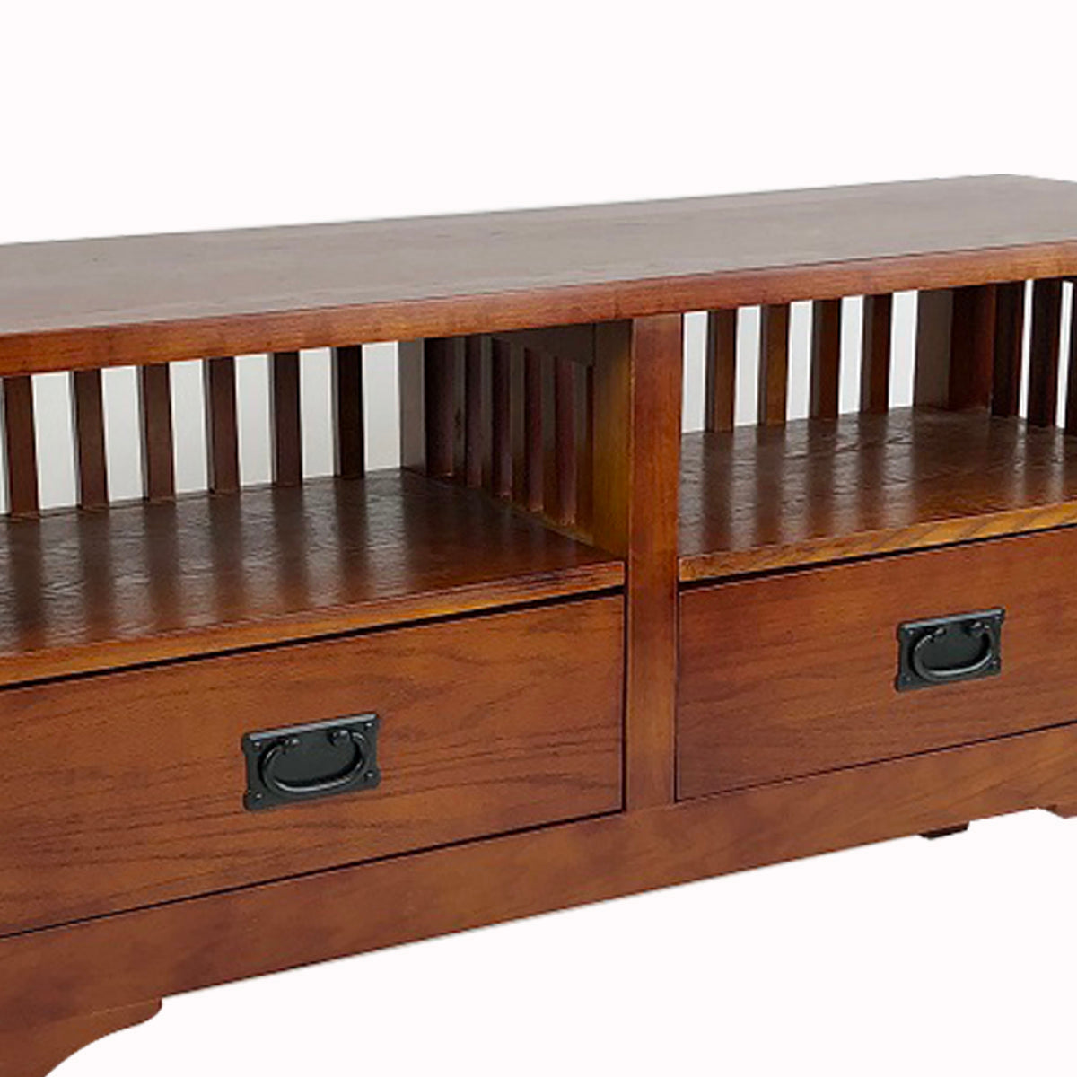 Benjara Wooden TV Stand with 2 Open Shelves And Slatted Back, Oak Brown