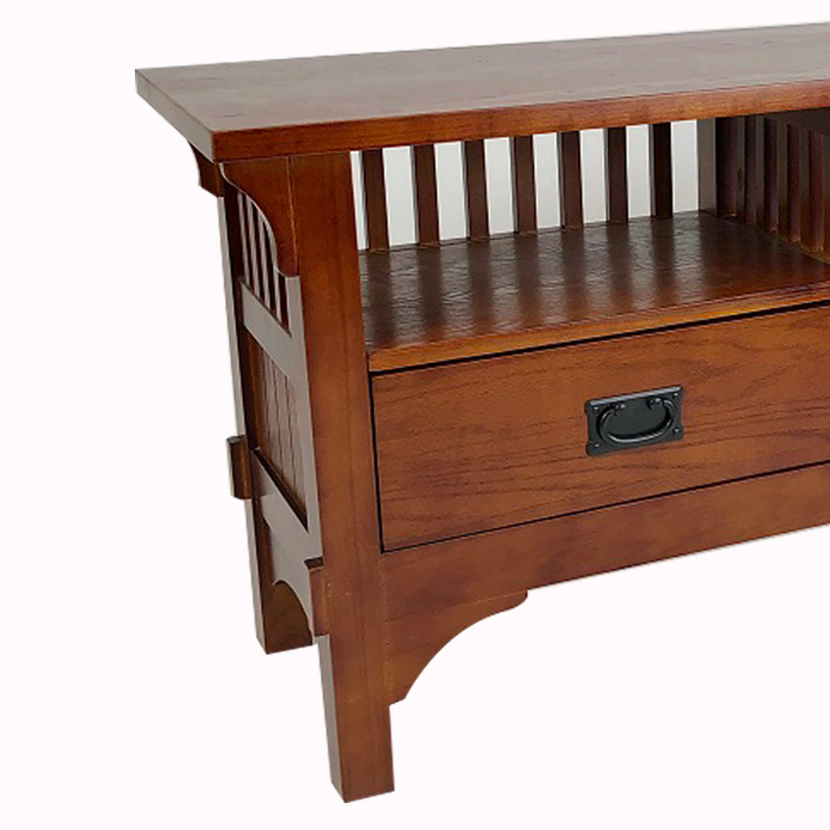 Benjara Wooden TV Stand with 2 Open Shelves And Slatted Back, Oak Brown