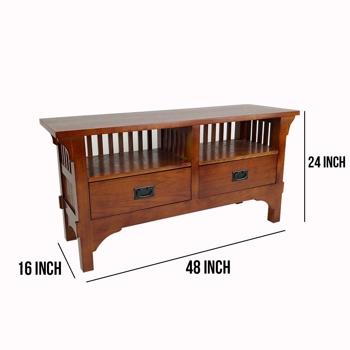 Benjara Wooden TV Stand with 2 Open Shelves And Slatted Back, Oak Brown