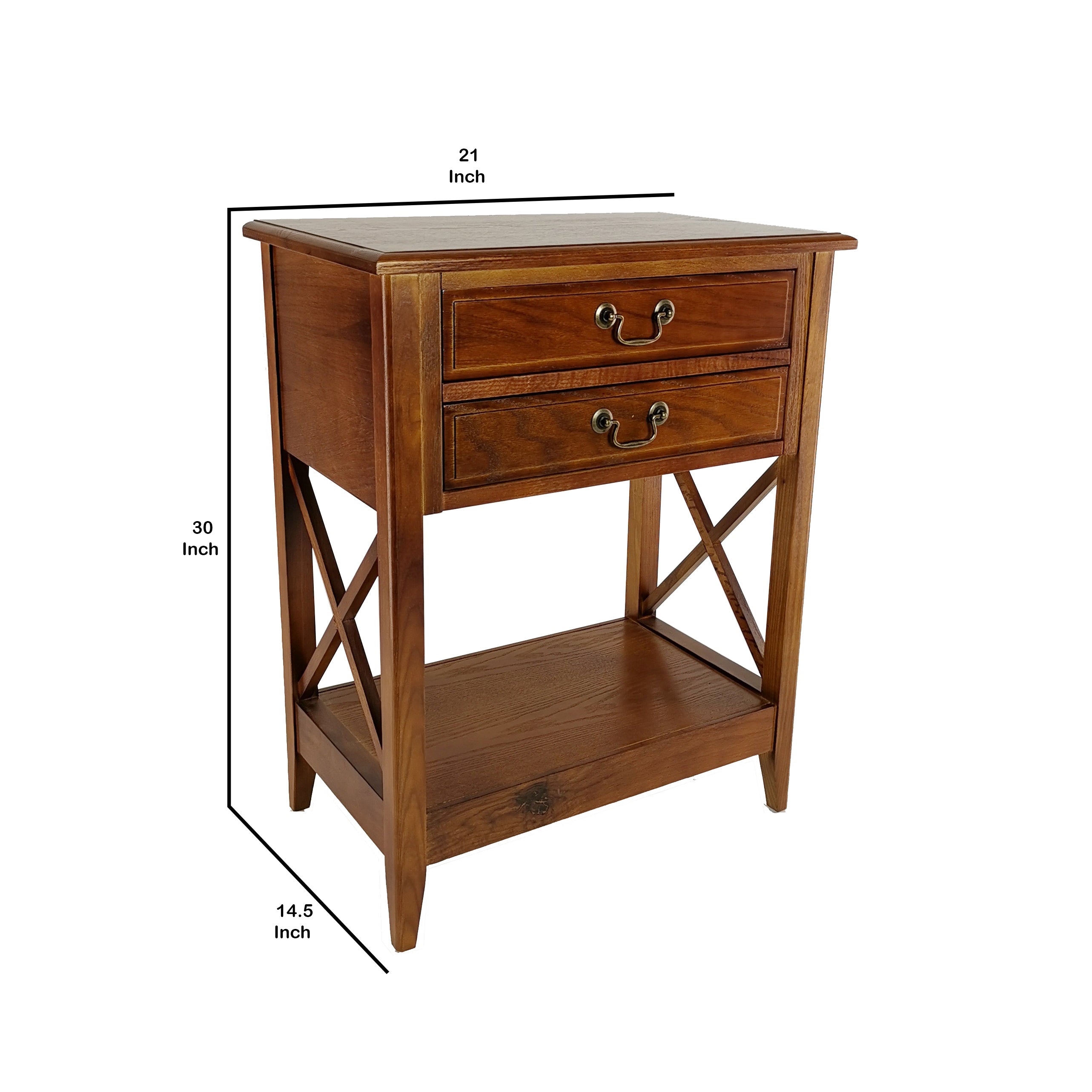 Benjara Wooden Nightstand with 2 Drawers And Criss Cross Sides, Brown