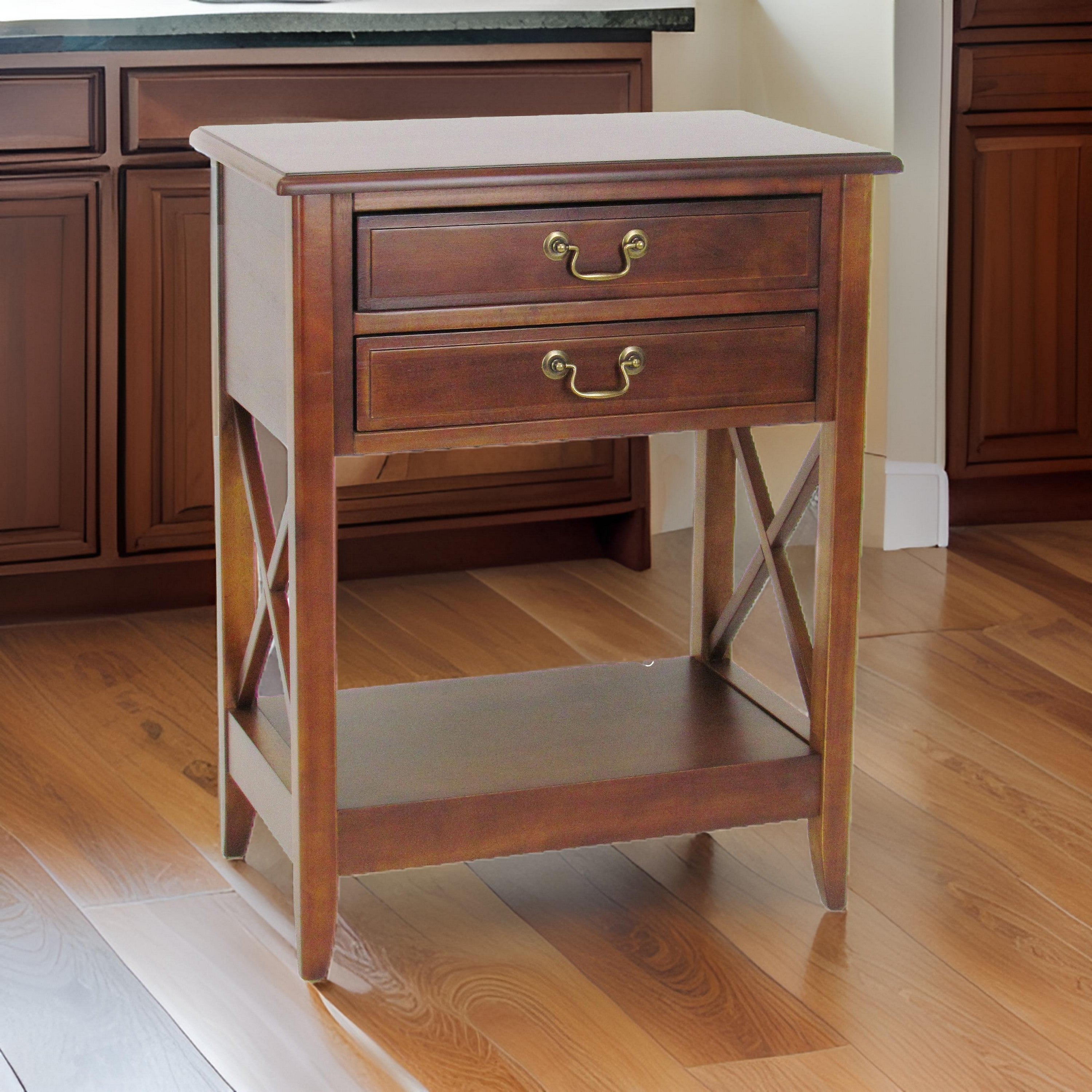 Benjara Wooden Nightstand with 2 Drawers And Criss Cross Sides, Brown