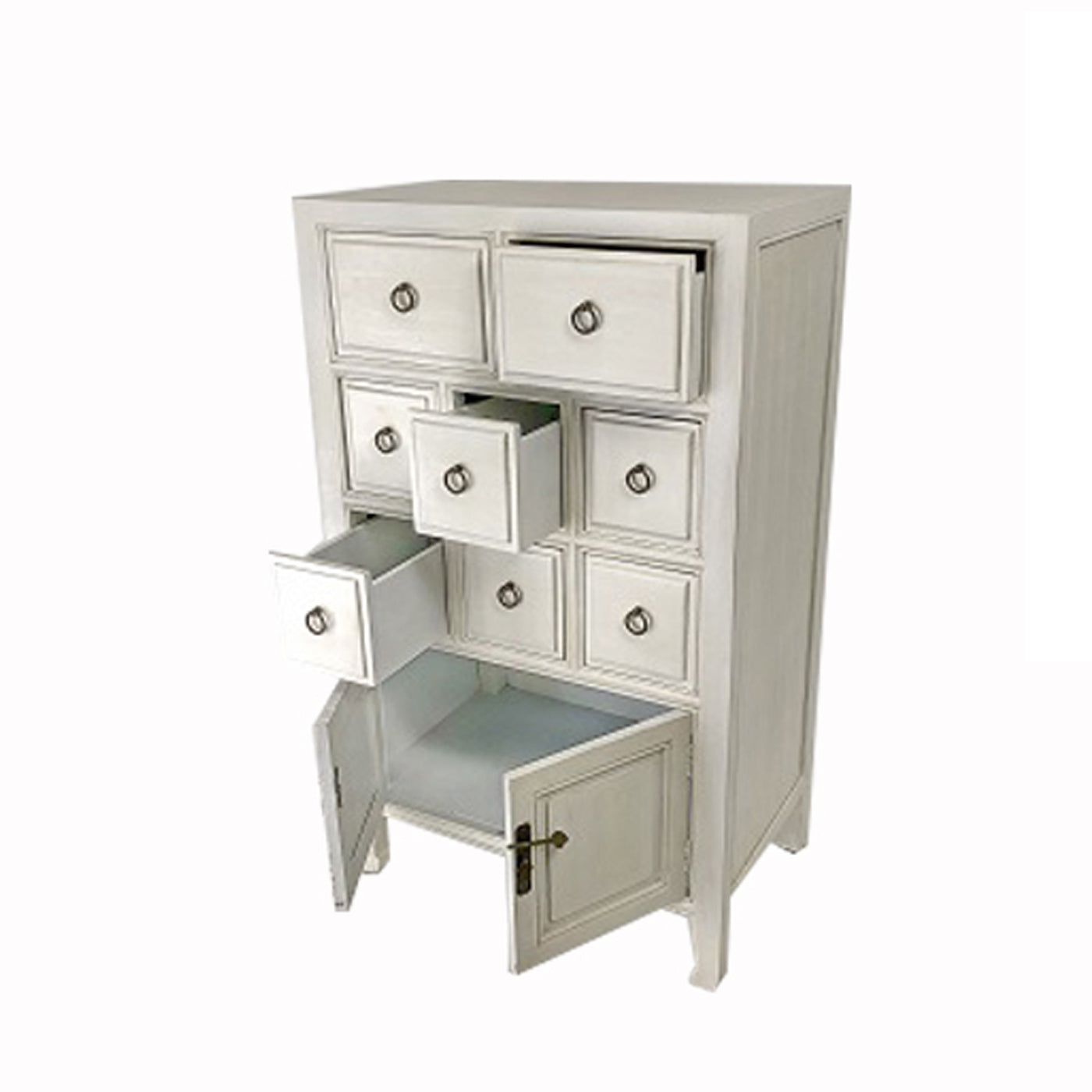 Benjara Wooden Chest with 8 Drawers And 2 Door Cabinets, White