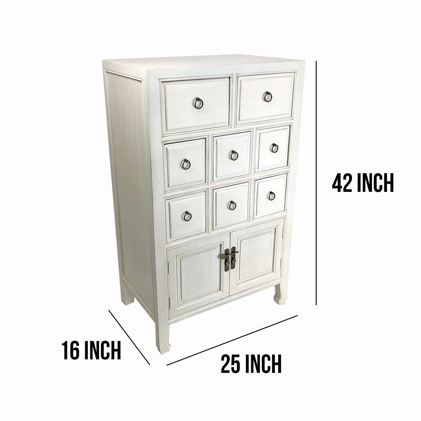 Benjara Wooden Chest with 8 Drawers And 2 Door Cabinets, White