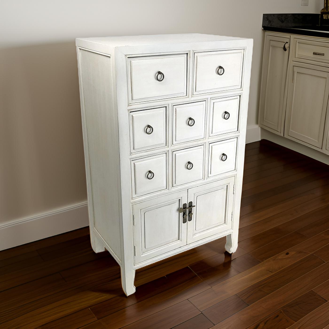 Benjara Wooden Chest with 8 Drawers And 2 Door Cabinets, White