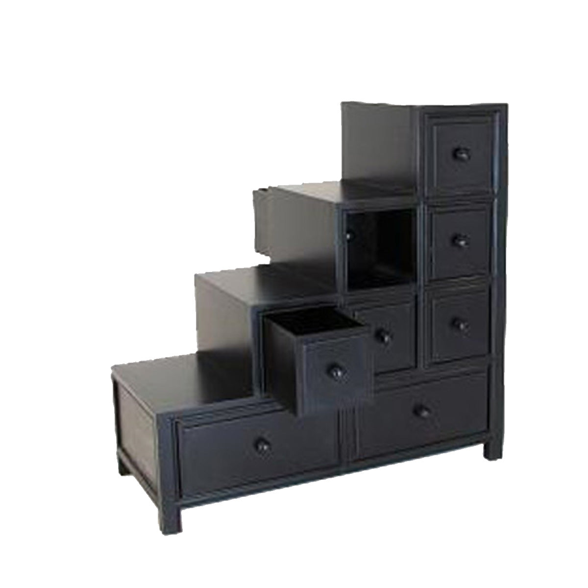 Benjara Wooden Frame Reversible Step Chest with 8 Drawers, Antique Black