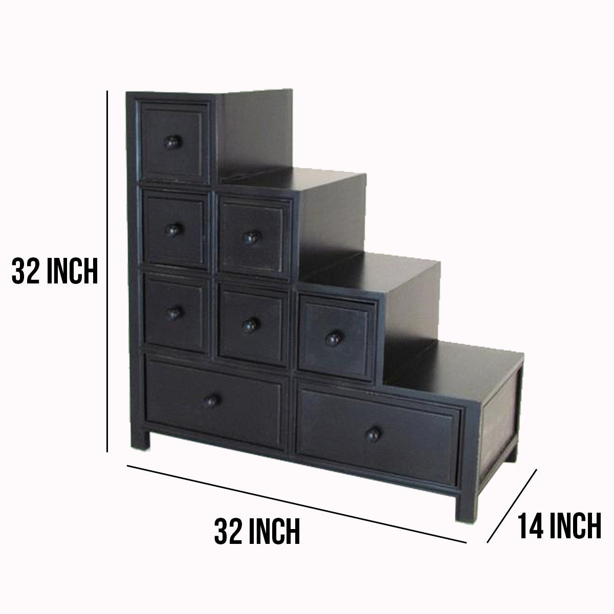 Benjara Wooden Frame Reversible Step Chest with 8 Drawers, Antique Black