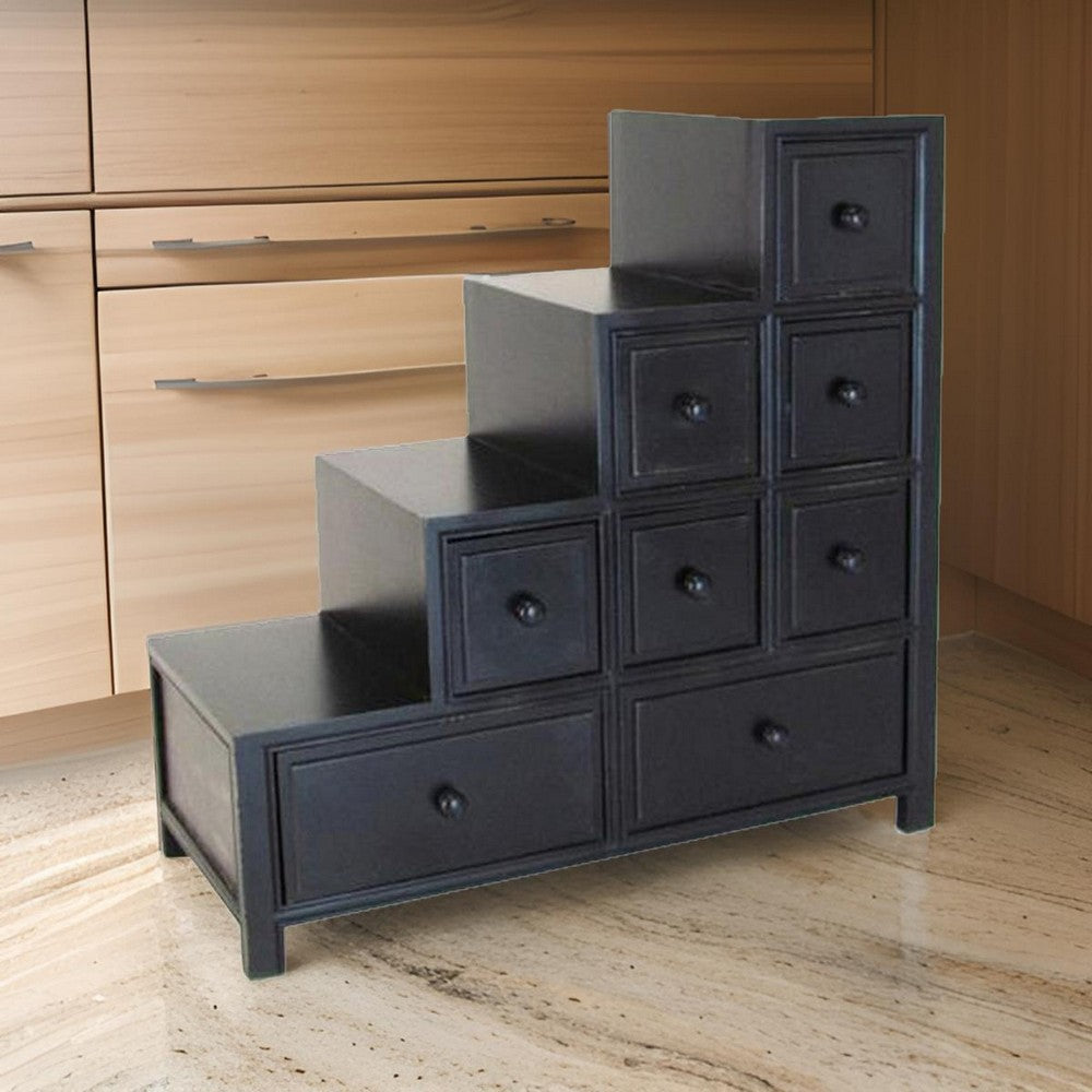 Benjara Wooden Frame Reversible Step Chest with 8 Drawers, Antique Black