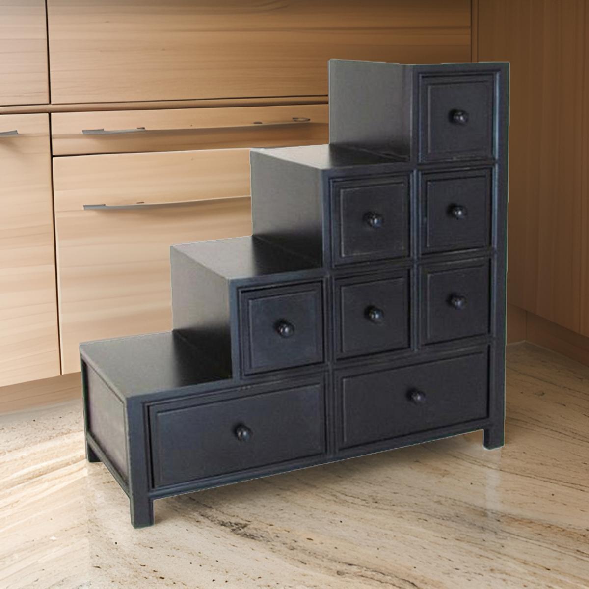 Benjara Wooden Frame Reversible Step Chest with 8 Drawers, Antique Black