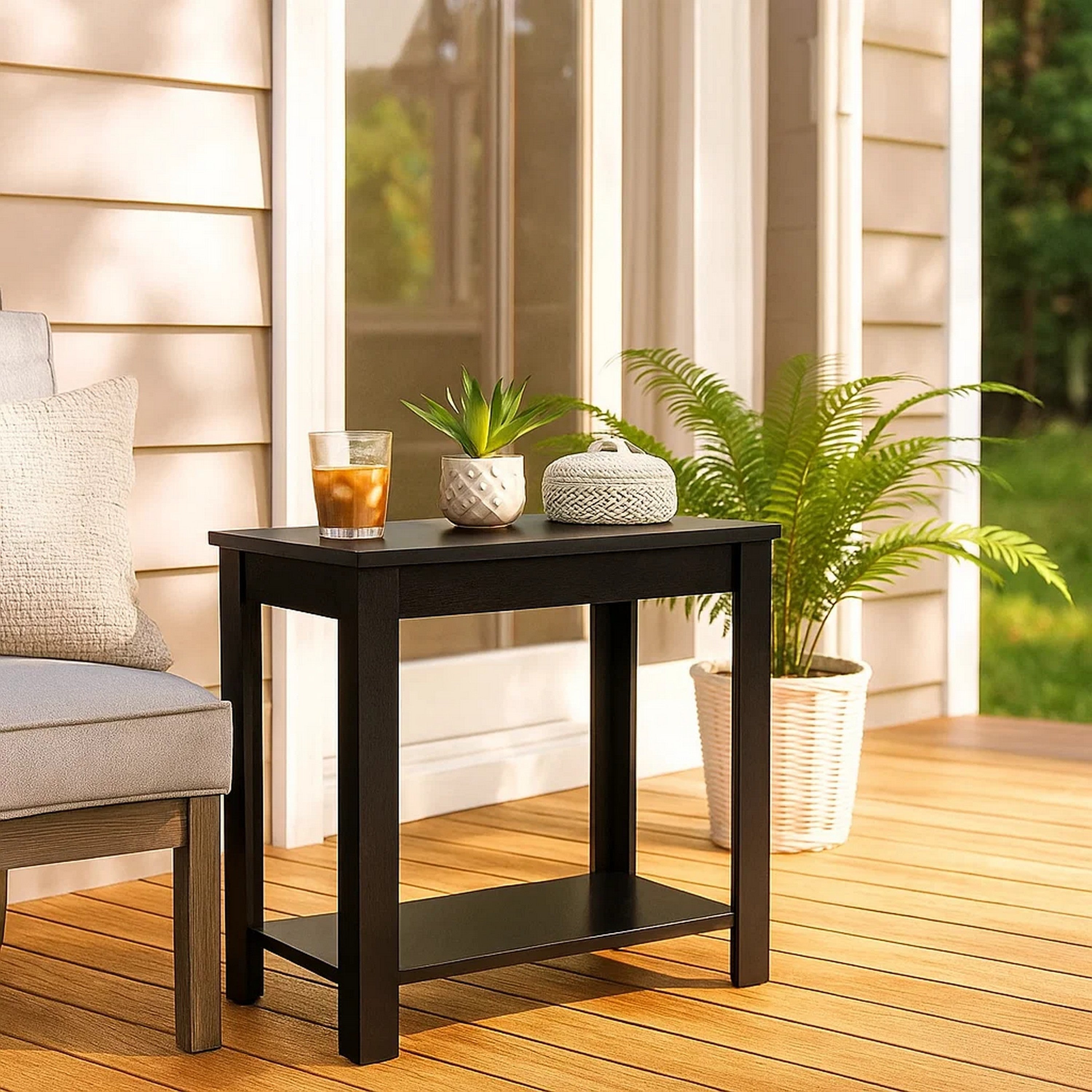 Benjara Wooden Chairside Table with Bottom Shelf And Block Legs, Black