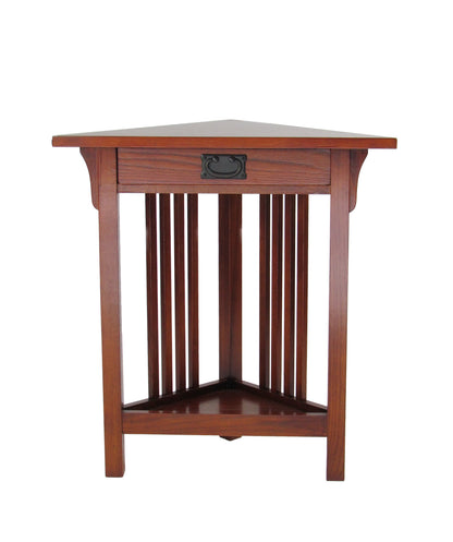 Benjara Mission Style Wooden Corner Table with 1 Drawer And Bottom Shelf, Brown