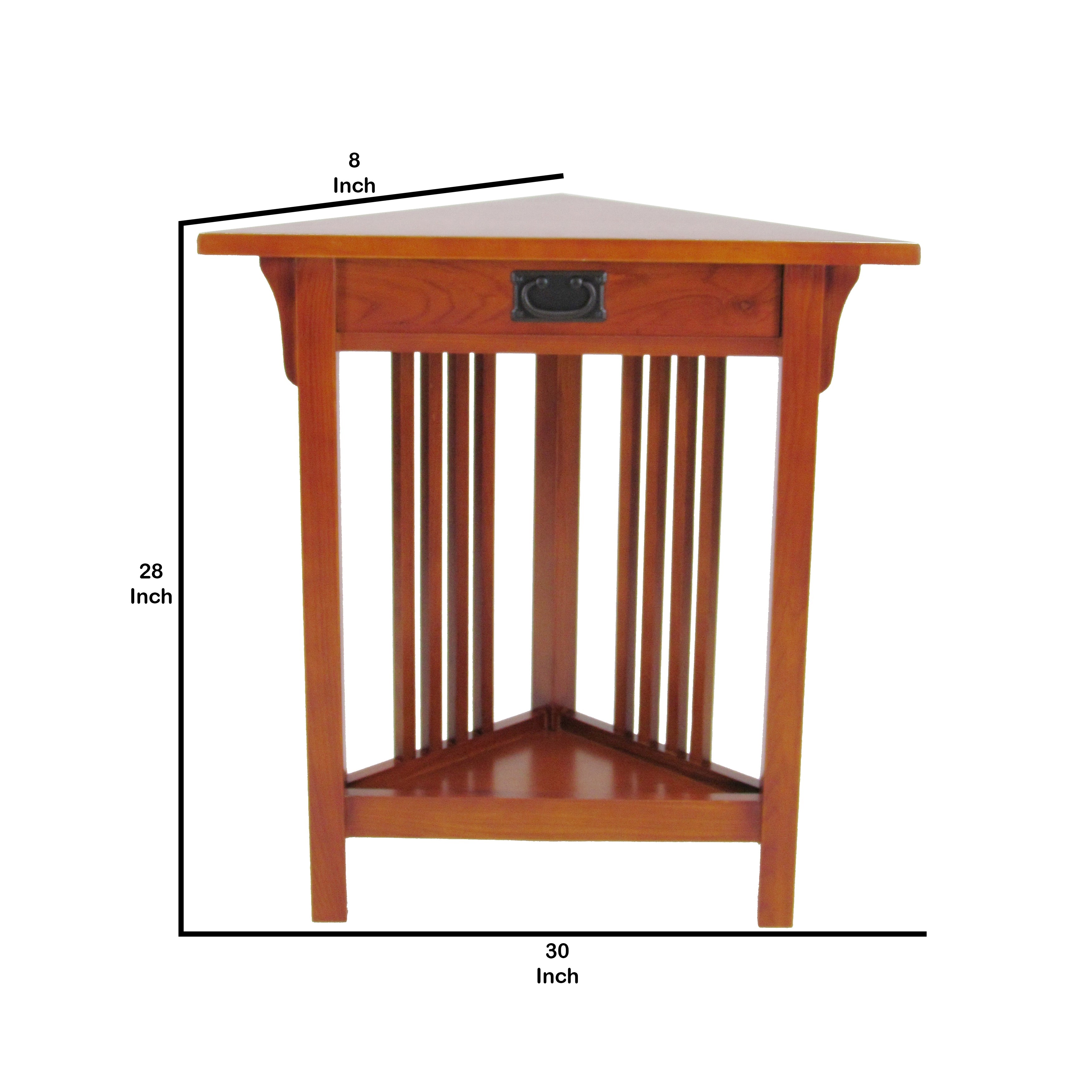 Benjara Mission Style Wooden Corner Table with 1 Drawer And Bottom Shelf, Brown