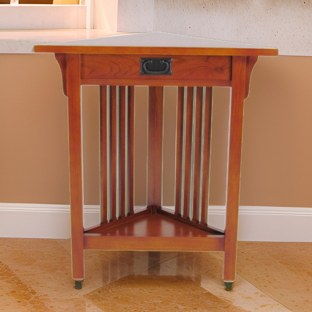 Benjara Mission Style Wooden Corner Table with 1 Drawer And Bottom Shelf, Brown