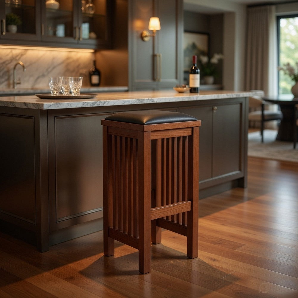 Benjara Faux Leather Upholstered Wooden Backless Barstool, Oak Brown