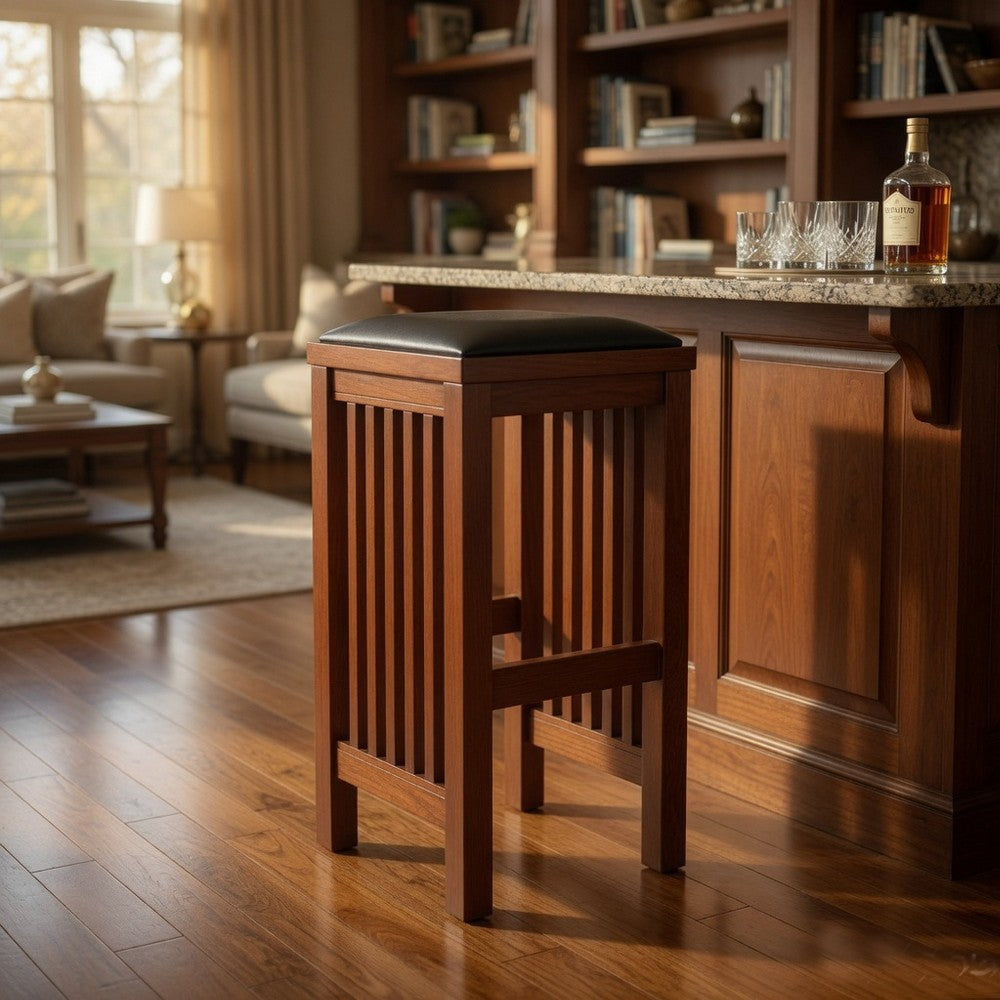 Benjara Faux Leather Upholstered Wooden Backless Barstool, Oak Brown