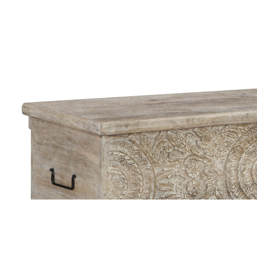 Benjara Medallion Pattern Wooden Storage Bench, Hinged Opening, Antique White, Black