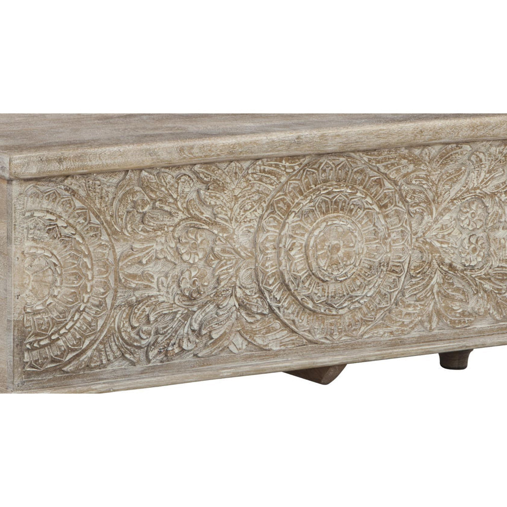 Benjara Medallion Pattern Wooden Storage Bench, Hinged Opening, Antique White, Black