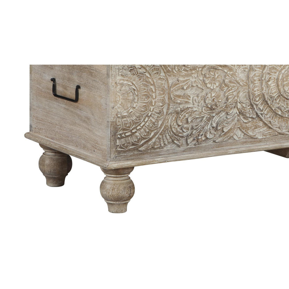 Benjara Medallion Pattern Wooden Storage Bench, Hinged Opening, Antique White, Black