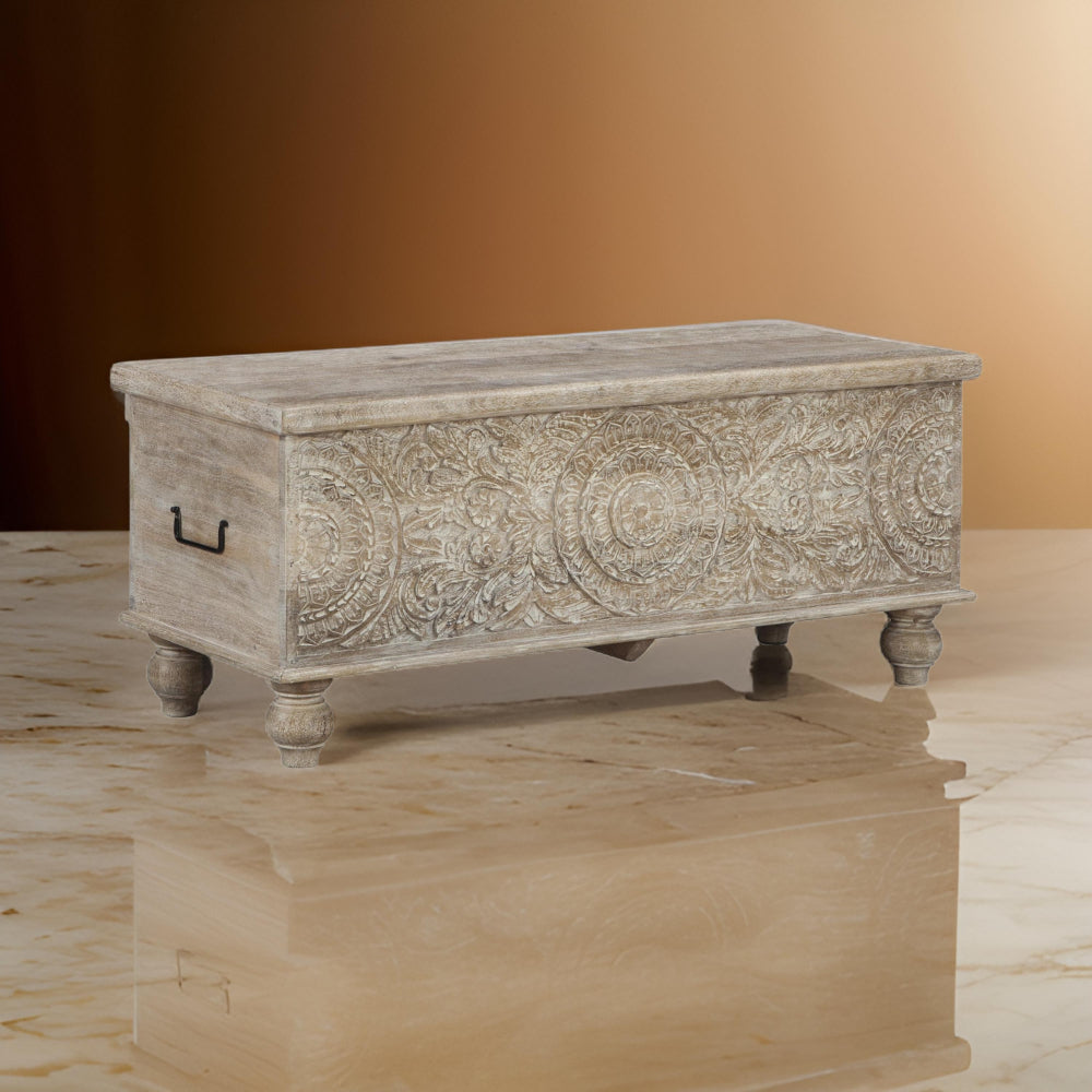 Benjara Medallion Pattern Wooden Storage Bench, Hinged Opening, Antique White, Black